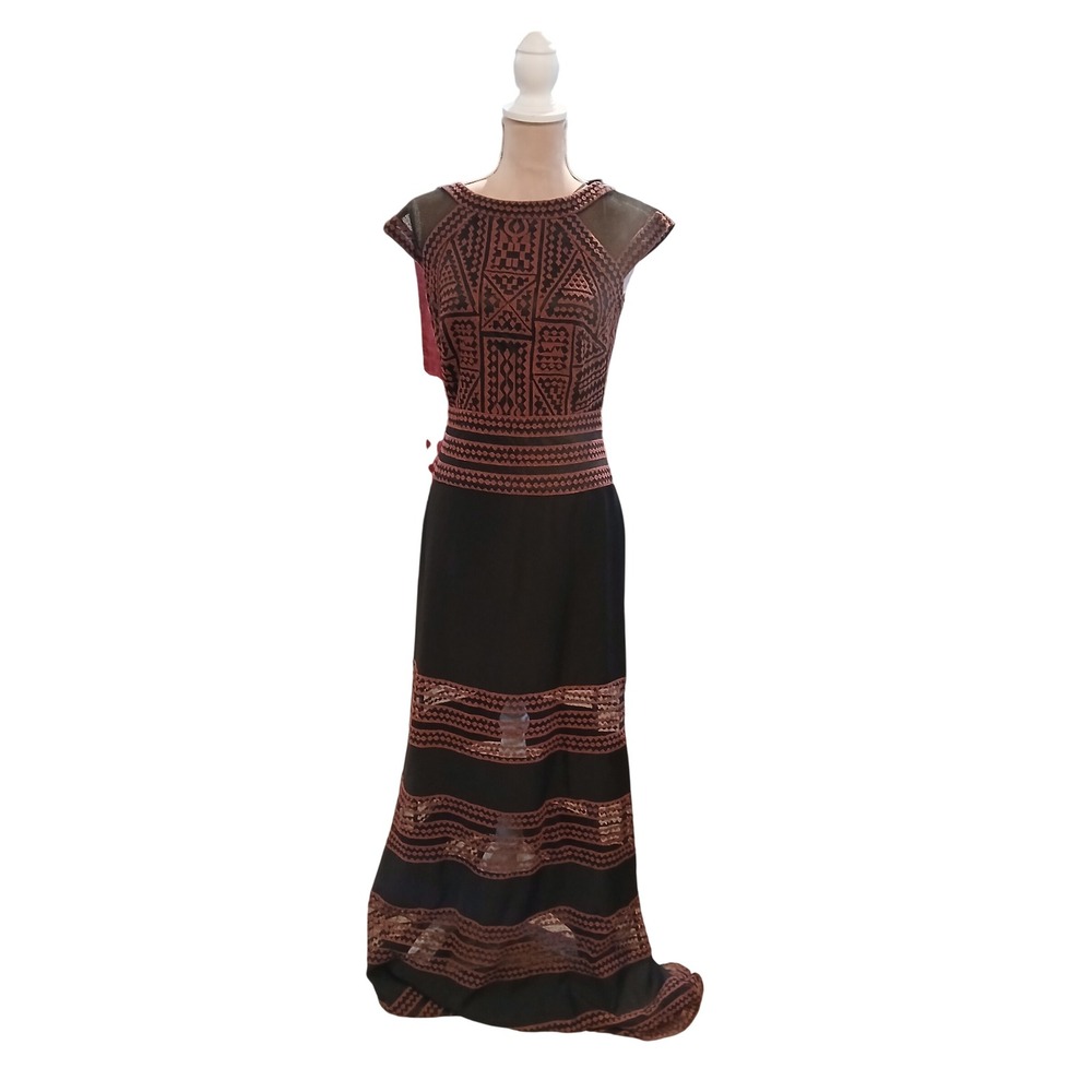 SOLD SOLD Embroidered Mesh Maxi Dress Black Rust Boho Formal Gown